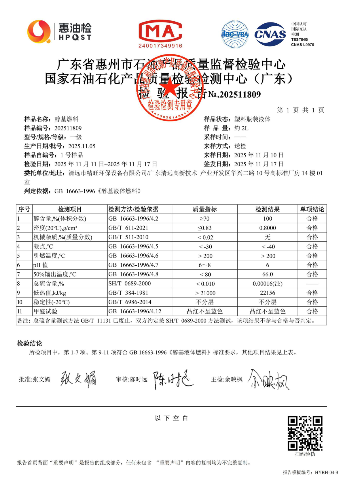 醇基燃料成分检测报告